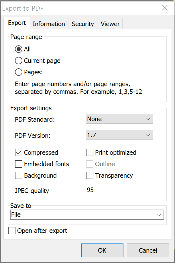 Settings of saving to PDF